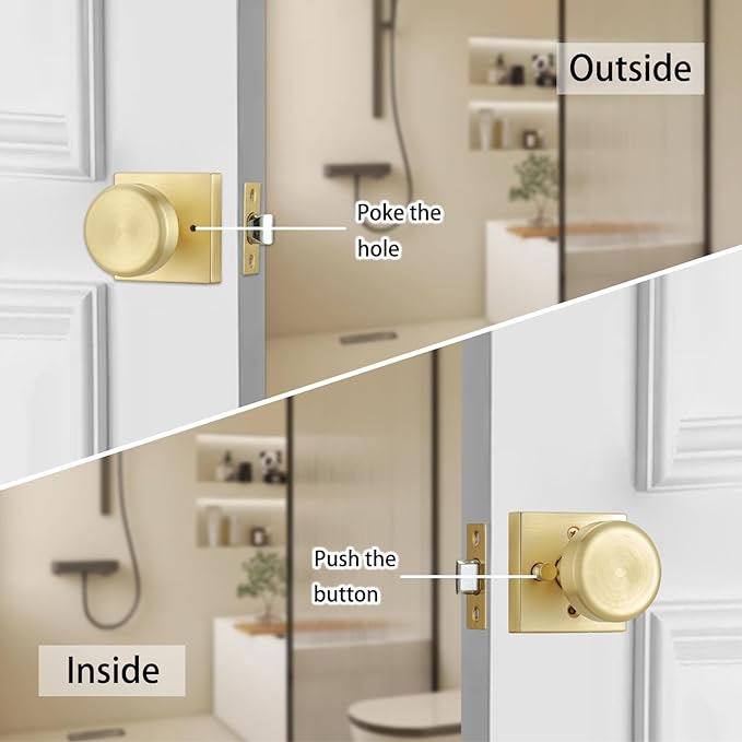 Brushed Gold Door Knobs with Square Rosette, Interior Door Handles for Bath & Bed with Push Lock