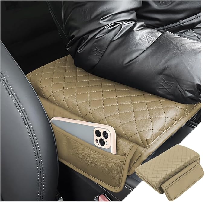zipelo Car Armrest Cushion, Carbon Fiber Leather Auto Center Console Pad, Memory Foam Armrest Box with Storage Bag, Hand Rest Pillow with Organizer Pockets, Universal Fit for Most Vehicles (Beige)
