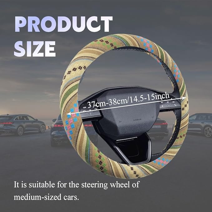 Boho Steering Wheel Cover, Steering Wheel Cover Women, 15 inch Hippie Style Protector Covers, Universal Ethnic Flax Cloth Car Accessories Universal for SUV Van Truck (Hippie-G)