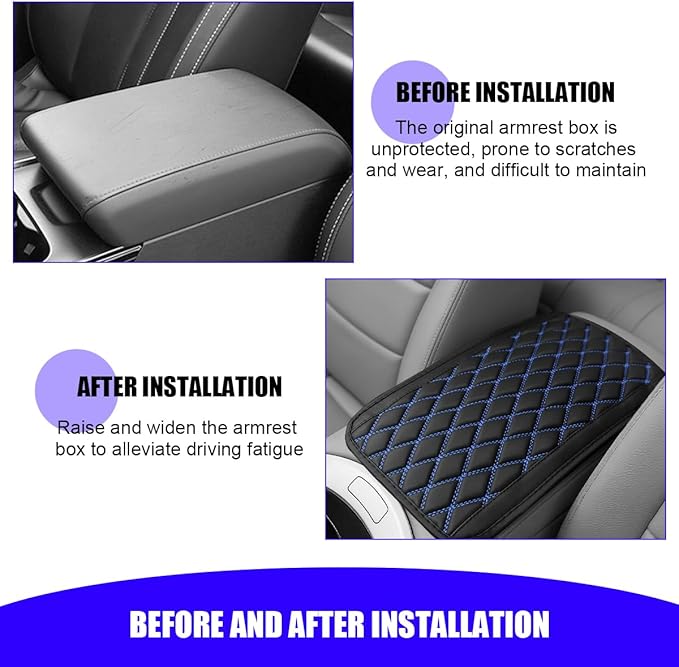 Car Center Console Cover, Scratch-Resistant Leather Vehicle Armrest Seat Storage Box Protector Cushion, Comfortable Automotive Interior Armrest Pad Mat, Universal Fit (Black/Blue)