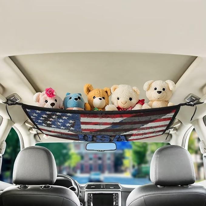 USA Flag Print Car Roof Seat Organizer Hanging Car Storage Bag Inner Car Accessories Storage for Kids Pets' Items for Travel