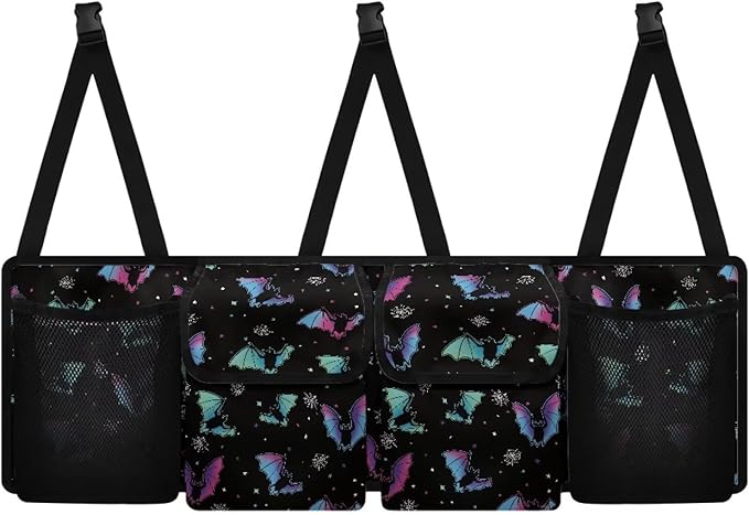 Halloween Colorful Bats Car Trunk Organizer with 4 Pockets Hanging Car Backseat Storage Bag Multipurpose Car Interior Accessories for SUV Pickup Truck Van