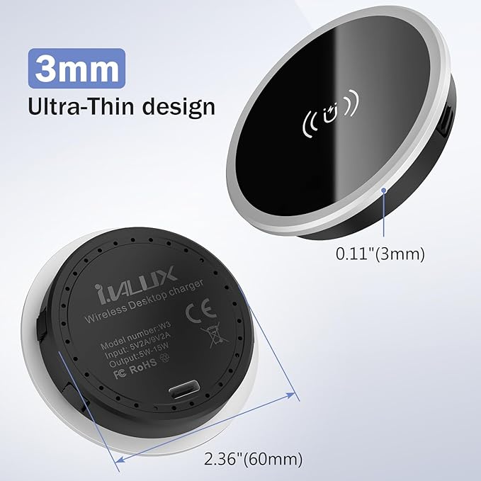 Wireless Magnetic Charger Desk Mount 15W Fast Charger for iPhone 17 16 Pro Max 15 14 13 12 Series,Magnet Qi Charging Pad/Station for AirPods,Recessed Hidden Under Desktop Hole Save Nightstand Space