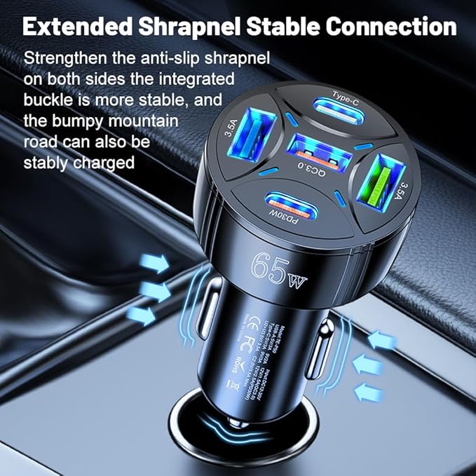 Super Fast Charging USB-C Car Charger Adapter, 65W 5-in-1 Multi-Port PD30W & QC3.0 Cigarette Lighter USB Charger for iPhone/Android/Samsung/iPad Pro (Black)