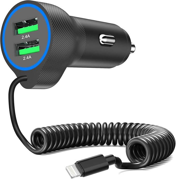 [Apple MFi Certified] USB Car Charger Plug, Aymla Dual Port Coiled Cord Auto Cigarette Lighter Adapter with 5FT Coiled Lightning Cable for iPhone 14 Pro Max/14 Plus/14/13 Pro/13 Mini/12/11/XS/XR/8