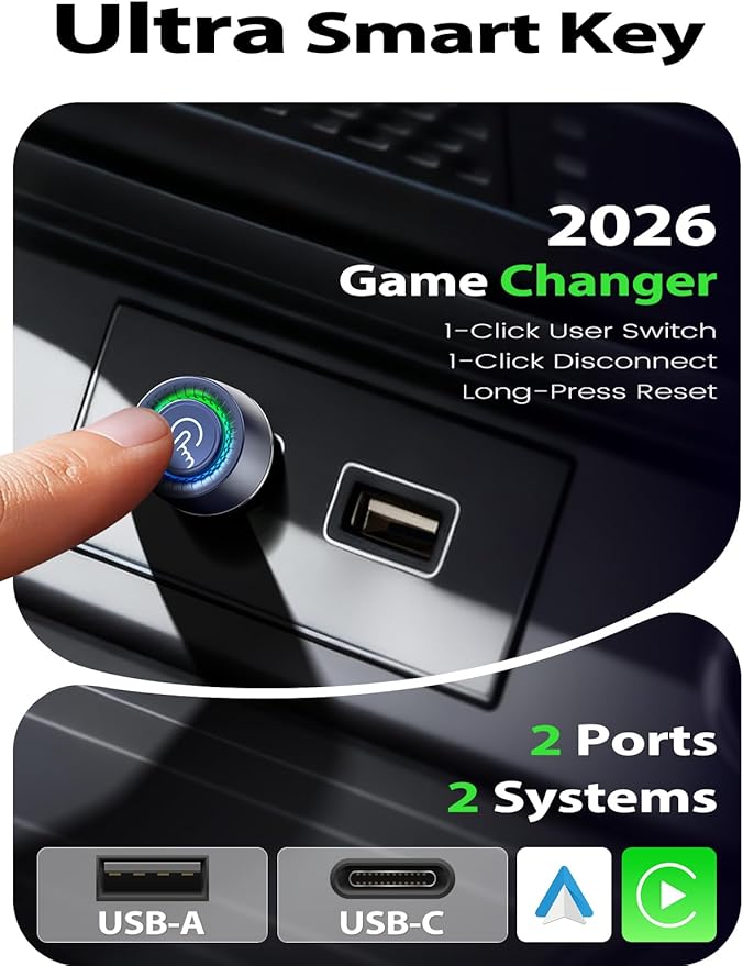Wireless CarPlay Adapter for Apple iPhone -1 Click Switch for 2 Phones, Plug & Play, Converts Wired to Wireless Car Play Dongle, No Lag, Fast Stable for Cars 2016+ with Apple CarPlay & Android Auto