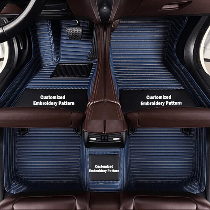 Custom Personalized Floor Mats for Cars - Luxury Full Coverage All Weather Mats, Anti-Slip Leather Mat Set, Fit for 99% of Cars, SUVs & Trucks (Blue Strip Shape, B-Strip Shape)