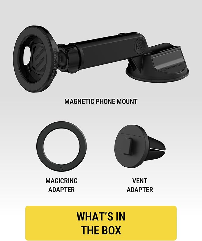 Scosche MagSafe Car Mount, Suction Cup Magnetic Windshield/Dashboard Cell Phone Holder with Vent Clip & Adjustable Flip Arm Compatible with PopSockets Grips, iPhone 16/15/14/13/12, Samsung Galaxy