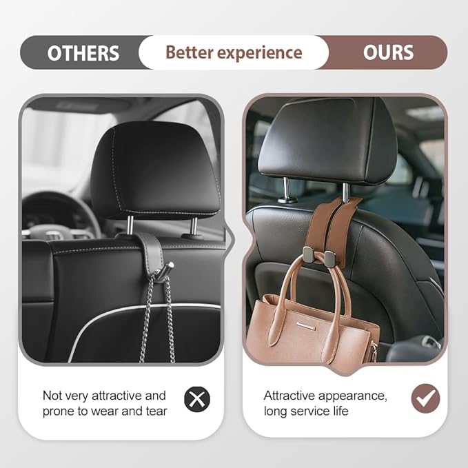 Car Seat Back Storage Hook, 2026 New Two Hook Fur Leather Seat Back Headrest Hanger Genuine Leather Double Metal Hook for Backseat Organizer, Car Organization Accessories (2, Brown)