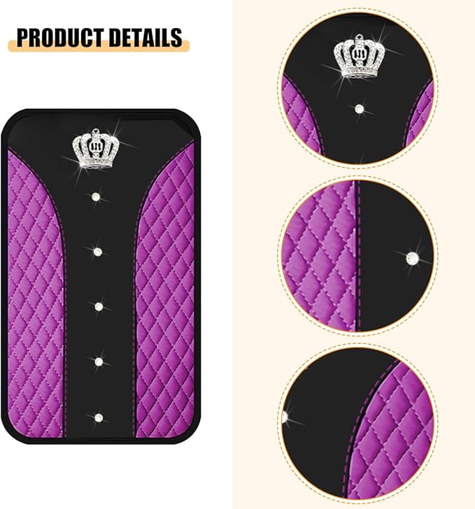 Bling Car Center Console Cover, Crown Crystal Rhinestones Vehicle Armrest Mat Protector, Anti Slip Sparkling Automotive Arm Rest Seat Box Cushion Pad Decor Accessories, Universal Fit (Purple)