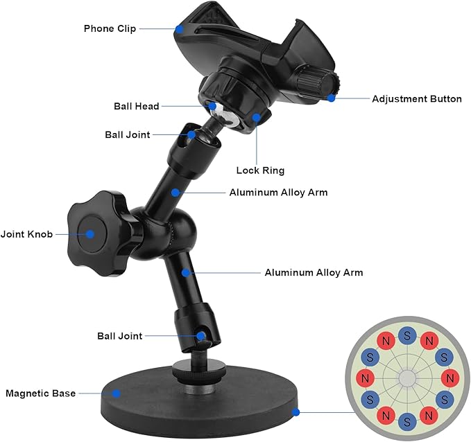 Mippko Magnetic Phone Holder,Heavy Duty Phone Mount for Truck/Tractor/Forklift/Boat/Motor Vehicles,Fit 3.5~7.5" iPhone/Nexus/Smartphone,360°Adjustable Arm 3.46" Magnetic Base