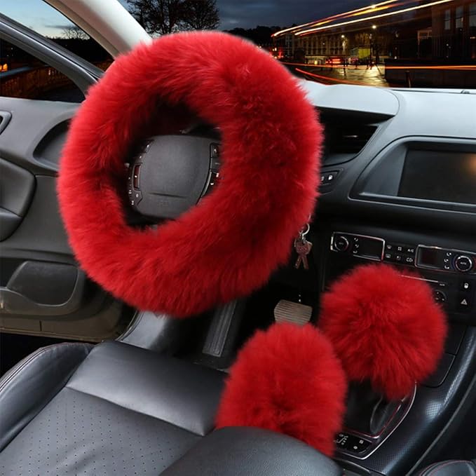 1 Set 3 Pcs Car Steering Wheel Cover & Handbrake Cover & Gear Shift Cover Set Faux Wool Warm Winter (Wine Red-3pcs)