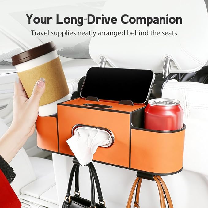 Multifunctional Car Seat Back Storage Box, 3-in-1 Backseat Car Organizer with Dual Cup Holders, Hold Phones, Snacks, Drinks, and Handbags (Brown)