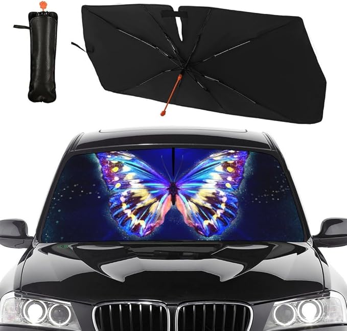 Socira Blue Butterfly Car Windshield Sun Shade Umbrella Foldable Sunshade for Front Window Auto Windshield Sunshade Covers Butterfly Car Accessories Prevent Sun Rays Heat 57'' X 30''