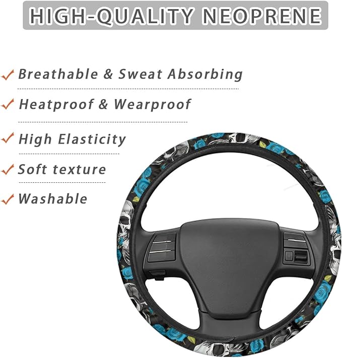 AFPANQZ Skulls Print Car Steering Wheel Cover Stretch-on Fabric Neoprene Comfortable Grip Automotive Steering Wheel Protector Adult Anti-Slip Universal 15 inch Machine Washable Gray