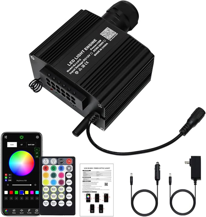 AKEPO 12W Twinkle Shooting Star 2-in-1 Fiber Optic Light Engine Replacement, RGBW Bluetooth APP Control + Music Sync + 28-Key Remote Control for Car Home Starlight Headliner