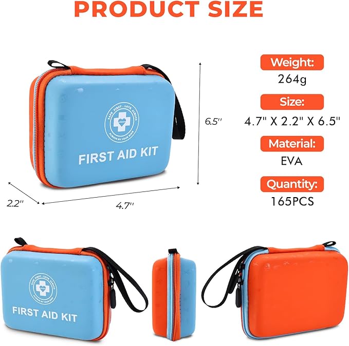 Small First Aid Kit - 165 Piece Dual-Color Emergency Medical Kit with Hard Shell & Fluorescent Exterior Coating, Emergency First Aid Kit for Home, Car, Travel, Hiking & Outdoor(Blue/Orange)
