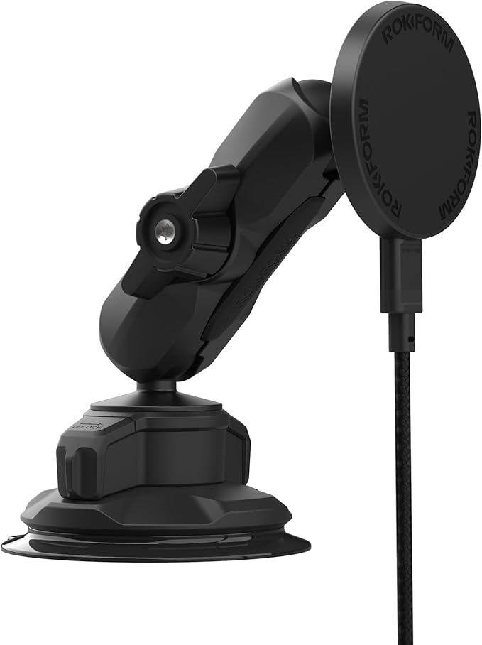 Rokform Wireless Car Charger, Magnetic Windshield Phone Mount, Twin Ball Adjustment 360° Rotation, Compatible with Mag Safe Cases, Strong Suction Cup, USB-C to USB-C Cable Included (Black)