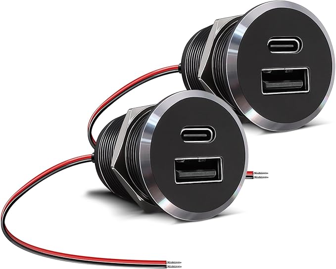 12V USB Outlet All-Aluminum QC 3.0 USB-A & USB-C PD3.0 Dual Fast Car Charger Socket, Recessed Mount Car USB Port for Car Truck Boat RV Camper Van Trailer (Small Version*2)