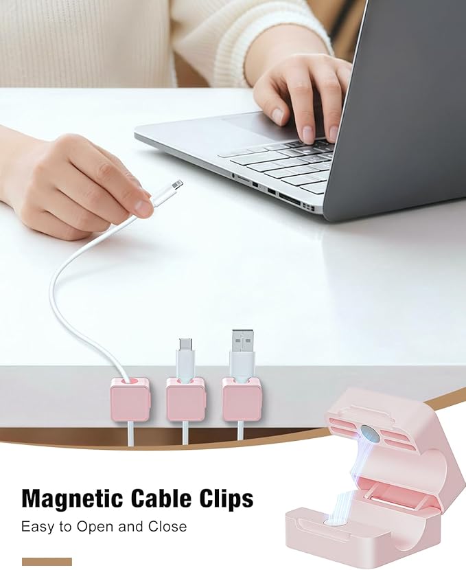 6 Pack Cord Holder, Strong Adhesive Desk Cord Organizer Magnetic Easy Open, Wire Holder Organizer Neatly for Home, Office, Car, Desk, Nightstand, Pink