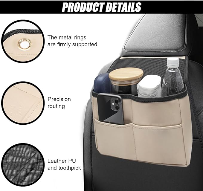 Car Back Seat Organizer, Waterproof PU Leather Car Hanging Storage Bag, Multipurpose Front & Backseat Car Seat Storage Organizer, Universal Interior Car Accessories for Most Vehicles (Beige)