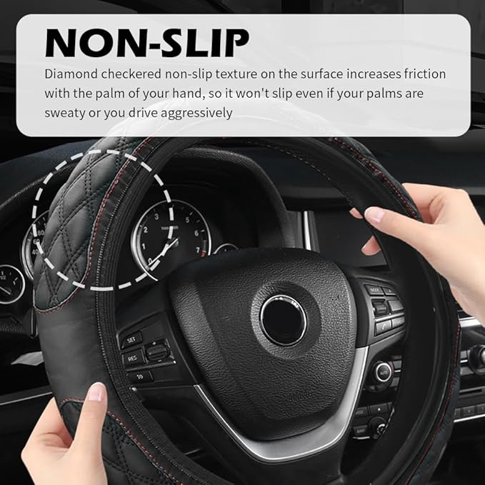15 Inch Car Steering Wheel Covers with Double Colors,Non-Slip Leather Steering Wheel Cover for Protecting Steerings Wheels,Universal Cars Decorations Car Wheels Cover (Black)