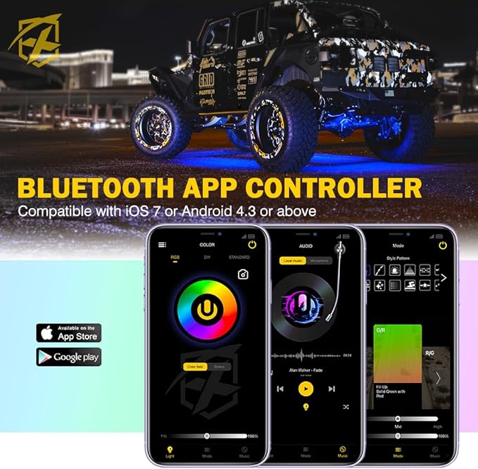 Xprite RGBW LED Rock Lights Kit with Bluetooth & Wireless Remote Controller, Multicolor Cars Underglow, Wheel, Footwell Neon Light Kits, for Off-Road UTV ATV Trucks SUV Motorcycle Boats - 10 Pods