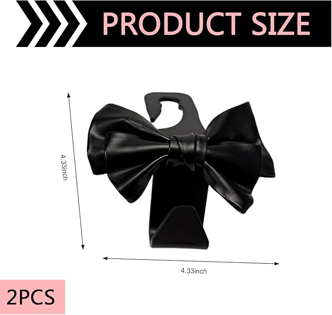 2PCS Car Seat Headrest Hooks, Cute Bow Car Backseat Storage Hooks, Lovely Leather Auto Purse Hook Hanger, Women and Girl Car Interior Accessories for Umbrellas, Coat, Bag (Leather-Black)