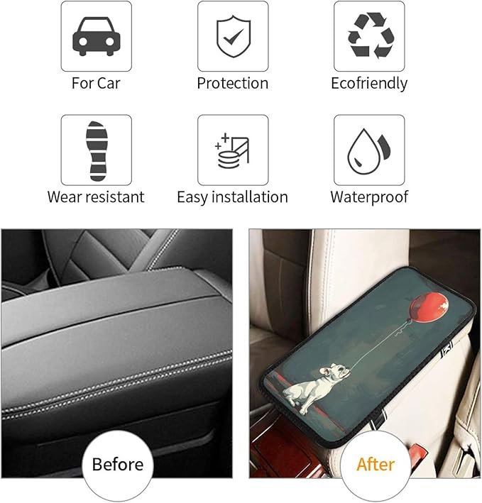 Universal Car Center Console Cushion Pad, White French Bulldog Soft Waterproof Car Center Console Cover Auto Armrest Seat Box Cover Protector for Most Vehicle SUV Truck Car