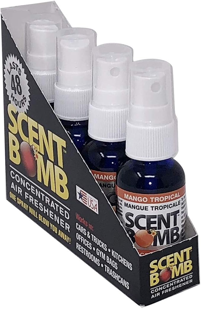 Scent Bomb Air Freshener Spray, Long-Lasting Odor Eliminator - Effective Deodorizer for Home & Car, Fresh Room Spray for Kitchen, Bathroom & Smell Neutralizer - 1 oz Pack of 4, Mango Tropical Scent