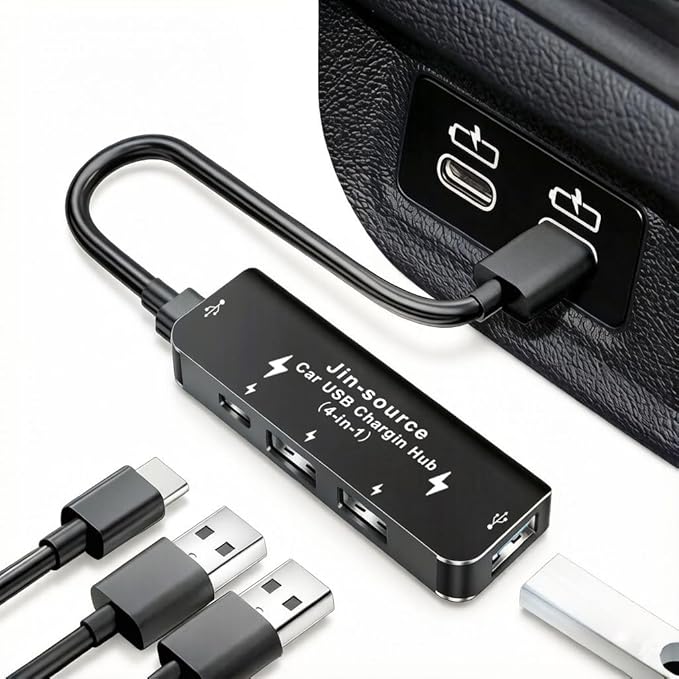Car Accessories 4-in-1 Car USB Hub Equipped with a Data Interface and Multiple Type-C/USB-A Fast Charging interfaces，USB Hub for iPhone,iPad,Samsung Galaxy,USB Flash Drive，Android（Black）