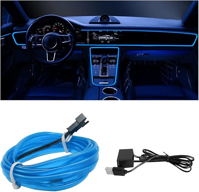 EL Wire LED Strip Lights, 10FT/3M USB Auto Neon Light Strip with Sewing Edge, Electroluminescent Car Ambient Lighting Kits with Fuse Protection, Car Decoration Accessories (Blue/10FT)