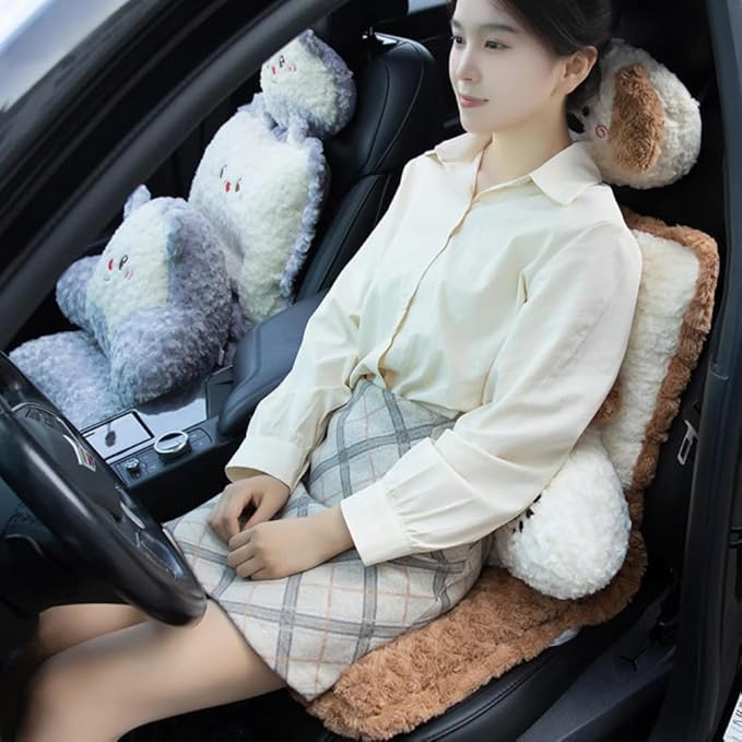 Plush Car Seat Cushion Set with Lumbar Support & Neck Pillow Cute Dog and Bear Shape Pillow for Driving Travelling Home Décor