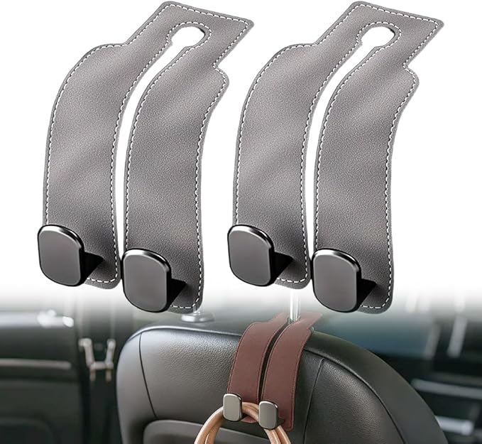 2026 New 2 in 1 Car Seat Back Storage Hook, Car Backseat Organizer Accessories, Premium Leather Headrest Hook for Auto Hooks Organizer for Handbag Purse Coat Bags (1, Grey)
