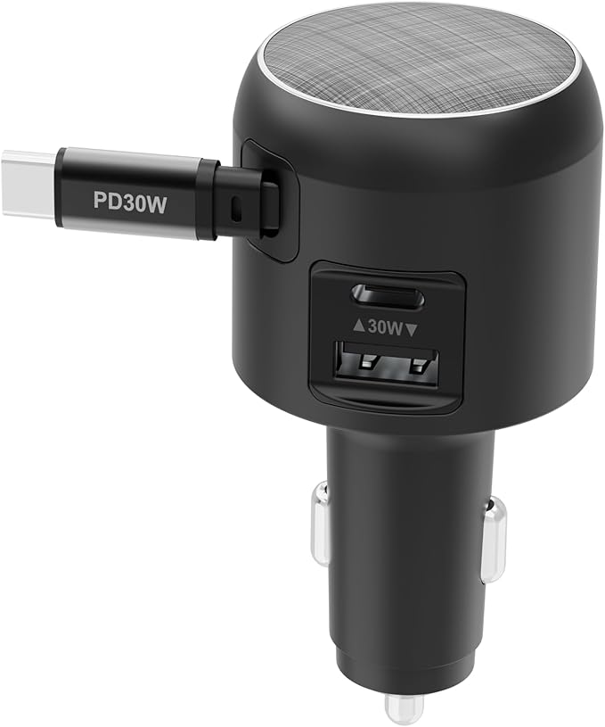 60W Retractable Car Charger, 3-in-1 USB-C Fast Charging Cigarette Lighter Adapter with Built-in Retractable Cable, Compatible with iPhone 16/15 Pro Max, Galaxy S25, iPad(Black)