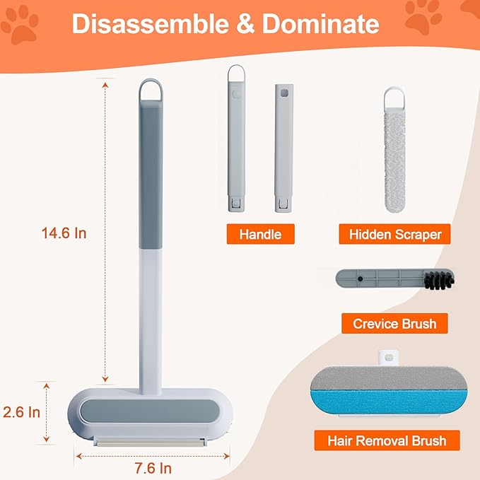 Pet Hair Removal Tool for Furniture, 3 in 1 Cat and Dog Hair Removal Tool, Suitable for Use on Furniture, Carpets, Clothing, and Bedding, Durable, Reusable, Washable, Grey, 1 Pcs
