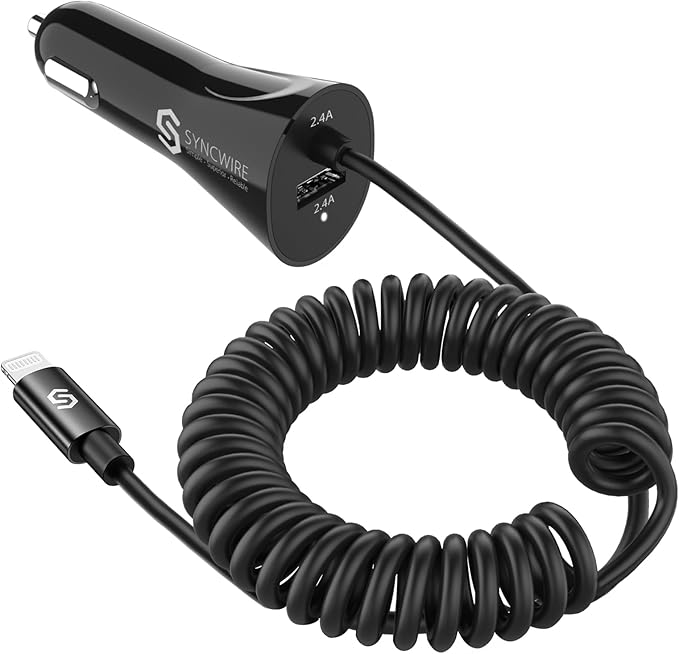 [Apple MFi Certified] Syncwire Car Charger iPhone 4.8A/24W Fast Car Phone Charger Cigarette Lighter USB Car Adapter with Build-in 8FT Lightning Cable Coiled for Apple iPhone 14/13/12/11/XR/Max, iPad