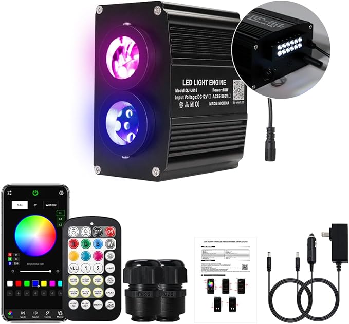 AKEPO 18W Dual Color Twinkle Shooting Star 2-in-1 Fiber Optic Light Engine Replacement, RGBW Bluetooth APP Control + Music Sync Mode + 28-Key Remote Control for Car Home Starlight Headliner