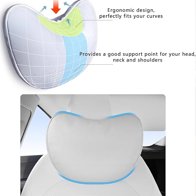 Headrest Pillow Comfortable Neck Pillow Support Cushion for Tesla Model 3 Highland Model Y Model S Model X Cybertruck Adjustable Strap Soft Leather Pillow for Driving, 1 Pack, White