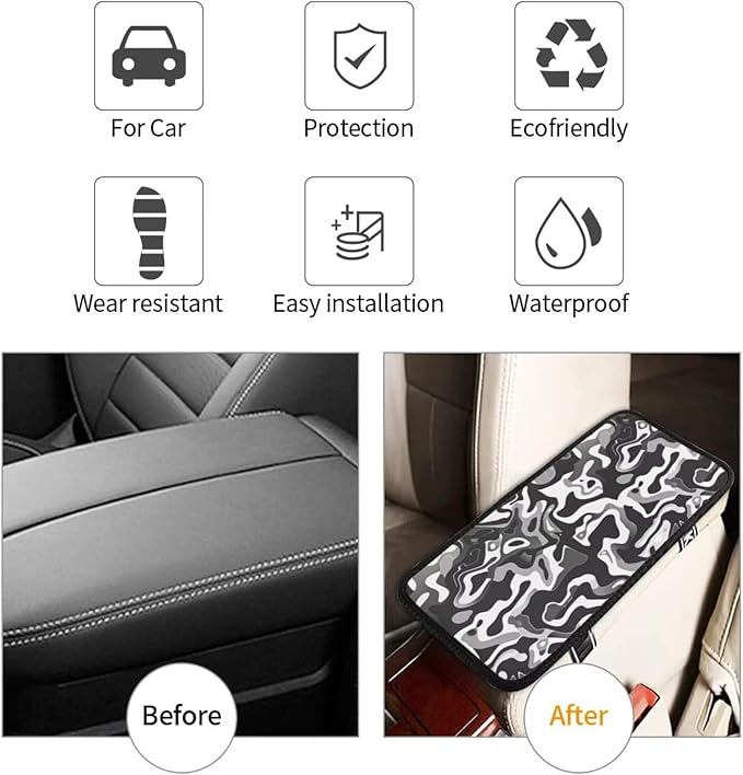 Car Center Console Armrest Cover Camouflage Polyester Arm Rest Box Lid Covers Army Camo Middle Console Cover Seat Protector Gray and Black Abstract Geometry Armrest Cushion Pad