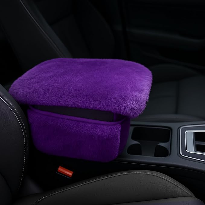Fluffy Car Armrest Cover with Side Pockets – Plush Fuzzy Fur Center Console Armrest Cushion Pad, Universal Winter Car Interior Protector, Soft Arm Rest Cover with Storage for Women & Men (PURPLE)