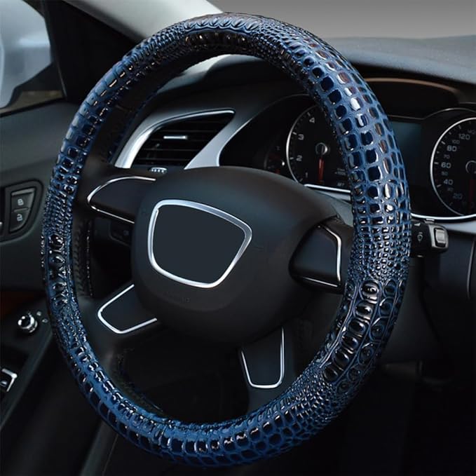 Premium Leather Steering Wheel Cover with Air Holes – Non-Slip Rubber Grip, Universal Fit for Cars (Blue)