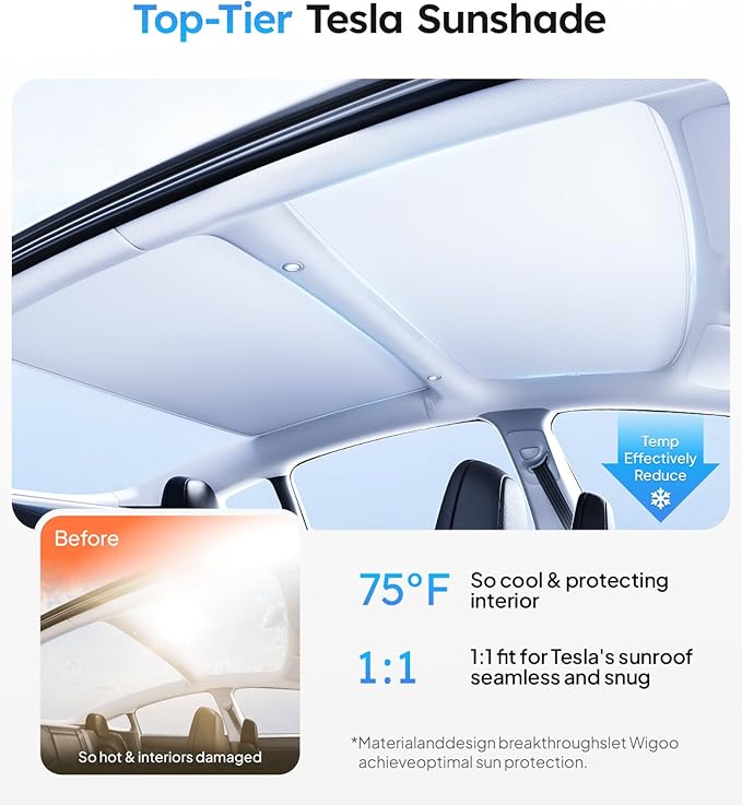Wigoo Tesla Model 3 Sunshade Roof [Never Sag, Nano Ice-Crystal Coatings] 3-Gen Heat Insulation Glass Roof Sun Shade, Accessories for Tesla Model 3 2020~2026 Highland, Interior Gray