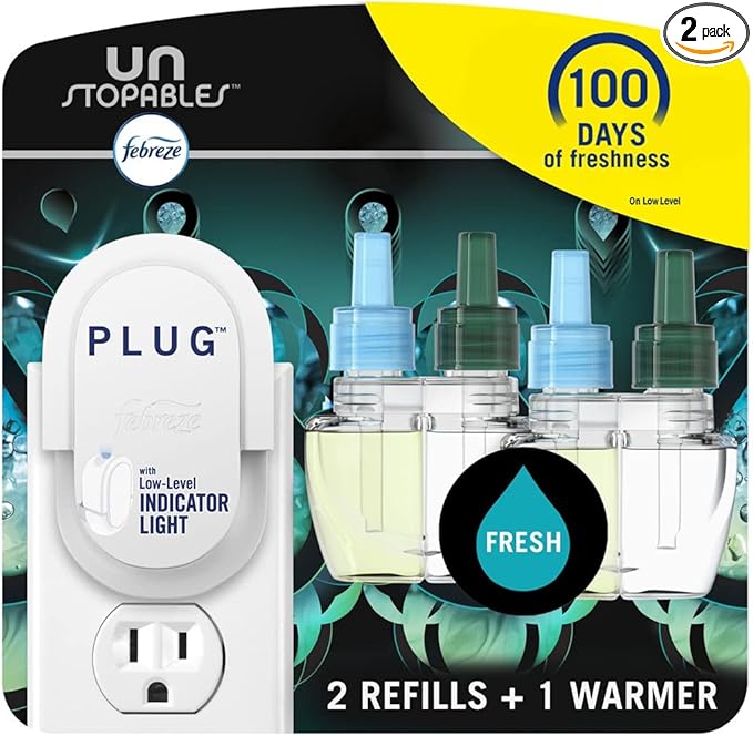 Febreze Plug In Air Freshener, Odor-Fighting Scented Oil Starter Kit, Air Fresheners for Home and Bathroom and Kitchen, Long Lasting for Strong Odors, UnStopables Fresh Scent, Warmer + 2 Refill