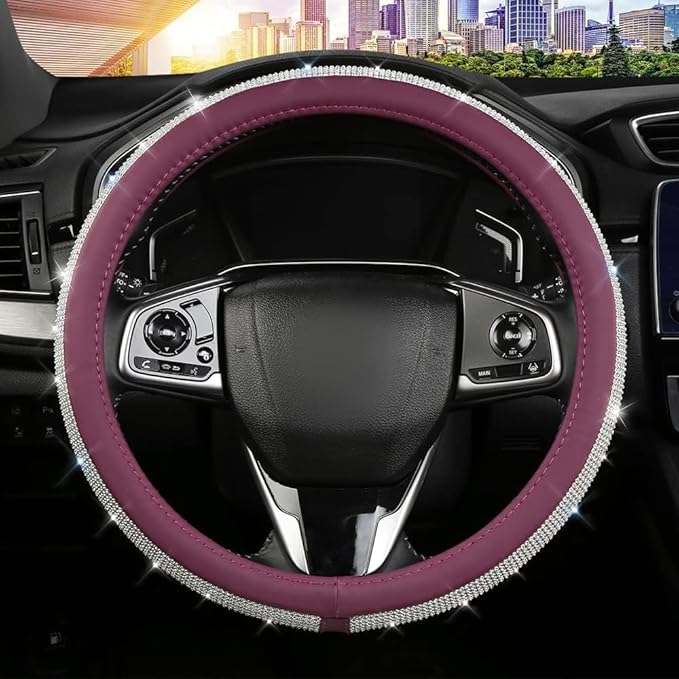 Bling Diamond Leather Steering Wheel Cover, Purple Steering Wheel Covers for Women Girls with Crystal Rhinestones, Universal Fit 14.5"-15" Car Steering Wheel Bling Cover Accessories
