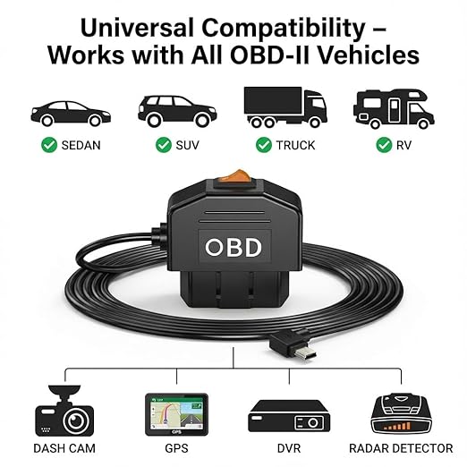 OBD2 Power Cable for Dash Camera, Micro OBD Adapter with 24-Hour Parking Mode, Acc Mode, Low Voltage Protection, 11.48FT Cable for Dash Cams, GPS, DVR, and More, 12V-36V to 5V/3A