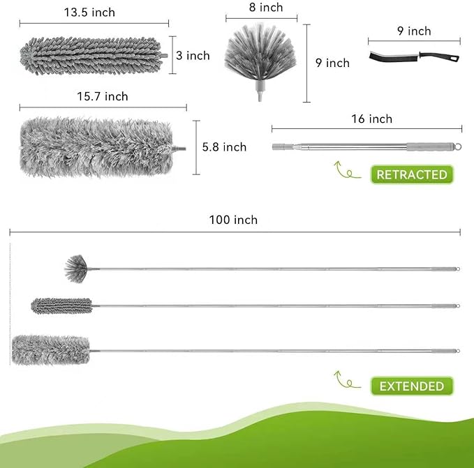 8-Piece Microfiber Feather Duster Set with Extension Pole (16.1" to 100"), Extendable Cobweb & Ceiling Fan Duster for Cleaning Cobweb, Ceiling Fan, Blind, Furniture