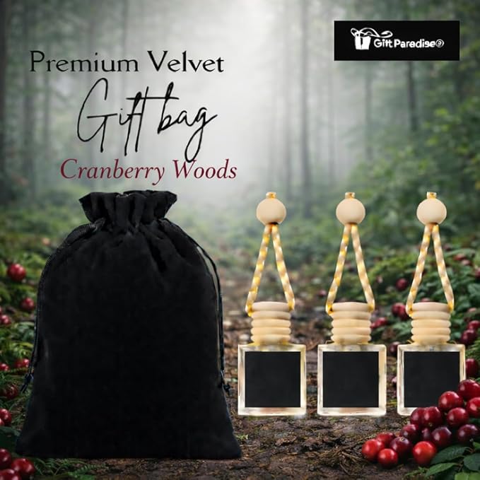 Gift Paradise® Cranberry Woods Car Air Freshener – Set of 3 (10 ml Each) | Long-Lasting Hanging Diffusers for Car & Home | Velvet Gift Bag Included | Holiday & Winter Fragrance