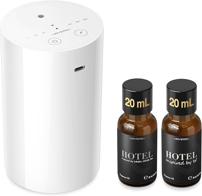 Airversa Waterless Essential Oil Diffuser Starter Kit with 2x20mL Hotel Fragrance Oils for Car Home Office, Up to 600 sq ft, Cordless Nebulizer Baterry Operated, Mist & Timer Settings AN8Kit-C, White