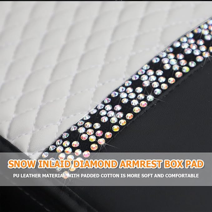 Bling Leather Car Center Console Cover, Car Center Console Protector With Glossy Crystal Rhinestone, Universal Waterproof Car Armrest Seat Box Cover For Most Car, Vehicles, SUVs, Trucks (White)